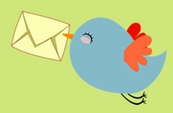 Cartoon of a bluebird flying with a cream envelope in its beak