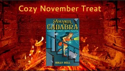 image of Amanda Cadabra and The Hidey-Hole Truth in front of a fireplace. The words Cozy November Treat appear above