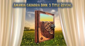 Book with title in field seen between cream curtains