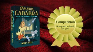 cozy red blanket with new book and golden rosette with the words in it: Competion How gooa sleuth are you?