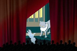 Red theatre curtains parted to see a cat looking at a ghostly hand coming from below