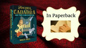 Book 3 with cream card saying In Paperback with still of hand turning book page