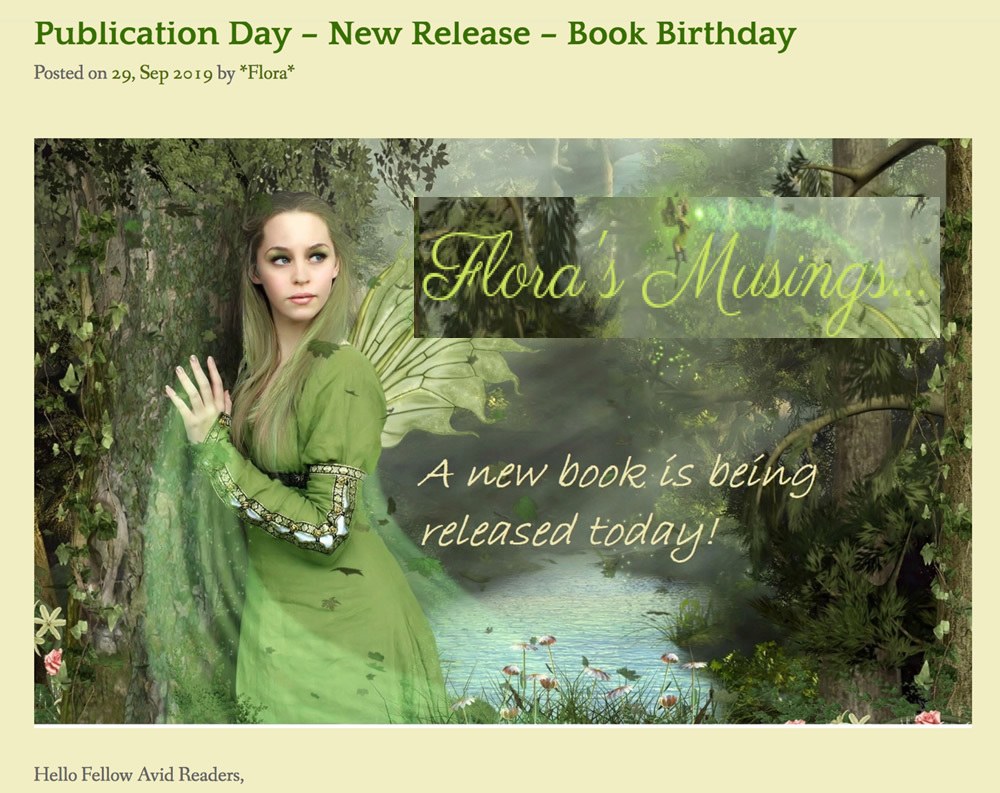 elf in woodland text: Flora's Musings. Book Publication Day. Link to review of Amanda Cadabra Book 4