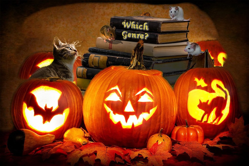 3 lit pumpkins with books a cat and mice and the words Which Genre? on the spine of the top book