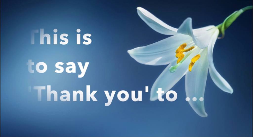 White lily on mid blue background with text: This is to say 'Thank you' to... link to video