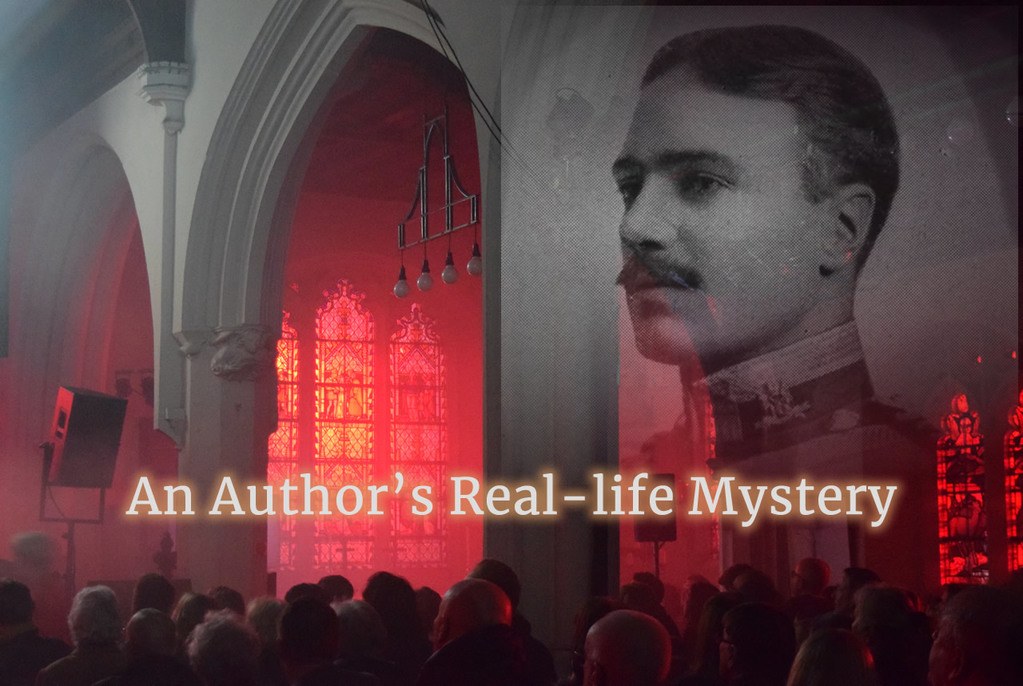 An Author's Real-life Mystery - the inside of the Monken Hadley church lit with red light and smoke effect with the image of Captain Tempest-Hicks in the top right hand corner