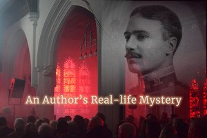 An Author's Real-life Mystery - the inside of the Monken Hadley church lit with red light and smoke effect with the image of Captain Tempest-Hicks in the top right hand corner