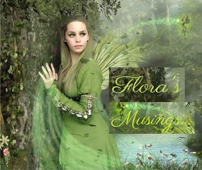 Green winged elf in long green dress in woodland. Text: Flora's Musings