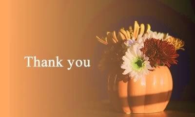 Flowers in a pumpkin mug and text: thank you