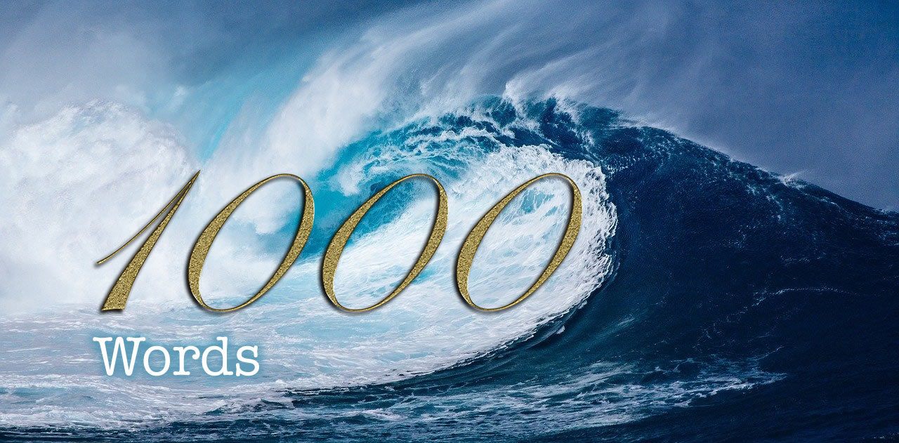 First 1000 Words - gold text 1000 on big curling wave