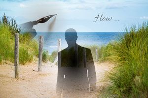 Writing men. Fence posts going down to see, silhouette of man, fountain pen. The word 'How ..?'