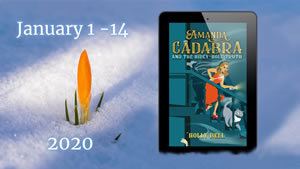 Crocus in snow with ereader with Amanda Cadabra and The Hidey-Truth. Text: January 1 - 14 2020. For 50% price drop