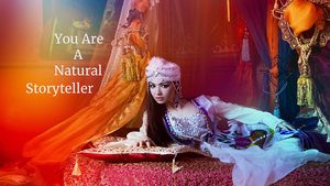 Text: You are a natural storyteller, Scheherade on couch leaning on tasselled cushion