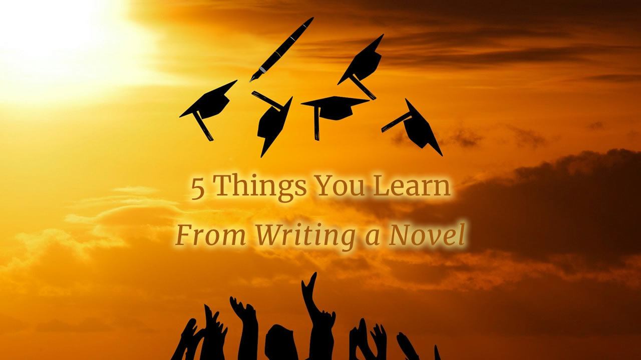 5 Things you learn from writing your novel. Sunset with sihouettes of 5 graduation caps and one pen in the air. Hands at the bottom of the frame from thowing up the caps