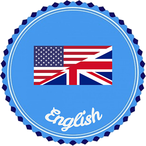 Blue circle with flag, US on one diagonal and UK on the other. Below is the word English