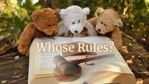 Whose Rules? Three teddy bears looking at a book with gavel in the foreground