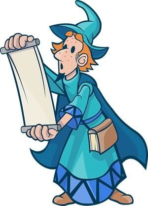 Young wizard with a magic scroll - cartoon