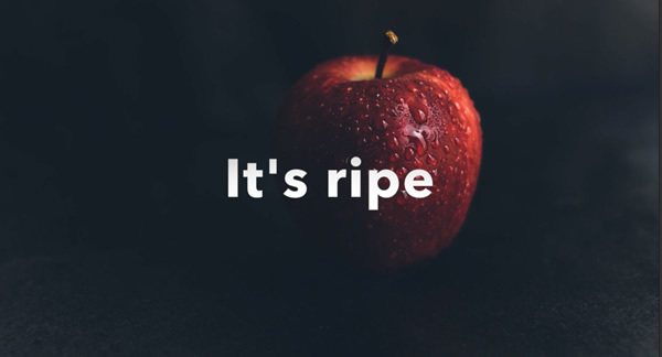 Link image to video: Red apple on dark background with text in white: It's ripe - launch video for Amanda Cadabra and the Hidden Depths