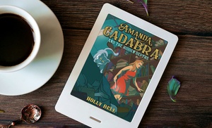 Amanda Cadabra Book 5 on e reader on wooden table next to edge of cup and saucer