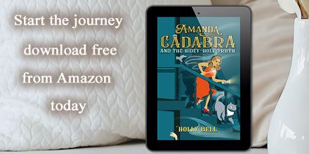 Amanda Cadabra and The Hidey-Hold Truth in e-reader on sofa with cream cusions and text: Start the journey free today - free download from Amazon 12 September 2020