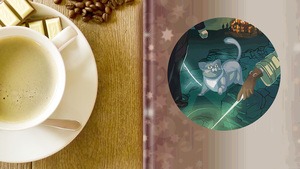 part of giftwrapped book with circle cut out showing part of the Amanda Cadabra and The Strange Case of Lucy Penlowr cover: grey cat, leg in black trousers, hand and hand with wand with fire in the background. Book is next to a cup coffee with beans on a wooden table