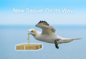 Bird against blue sky with brown paper wrapped parcel suspended from its beak by string