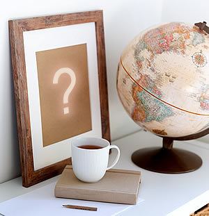 Cream globe, framed question mark and white coffee cup