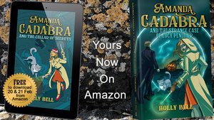 Amanda Cadabra Book 6 paperback and Book2 on ereader leaning on Cornish rock. Text Your now on Amazon. Sticker on Book 2: Free to download from Amazon 20 and 21 Feb