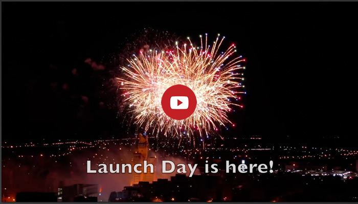 Big fireworks against night sky and text: Launch Day is here! Link to video for launch of Amanda Cadabra and The Strange Case of Lucy Penlowr by Holly Bell