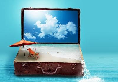 Open suitcase with sunny sky in the lid and a beach umbrella deckchair and sand in the bottom. Water pouring out of the sie onto a blue sea