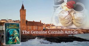 Porthleven in the background, with Amanda Cadabra book t and a cream tea in the foreground
