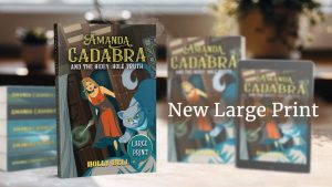 stack of books in series, standard paperback and ereader blurred. In foreground large print version. Text: New Large Print in white