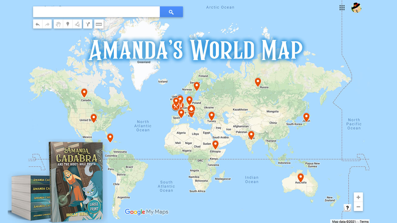 Custom Google Map of Amanda Cadabra cozy paranormal mystery series locations