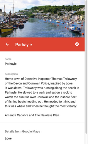 Left panel from Amanda's World custom GooglemPa showing 'Parhayle' text and image of Looe, Cornwall