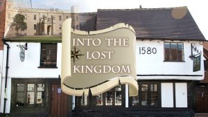 Building with 1580 on the front, old castle in the top left and scroll in centre: Into The Lost Kingdom