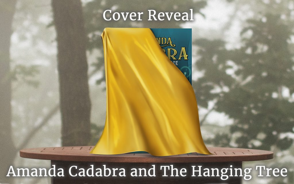 Cover reveal. Book on table covered by a gold cloth, except for the top right hand corner. Misty wood in the background