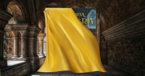 Amanda Cadabra and The Nightstairs by Holly Bell in monastery covered by gold cloth except for top right hand corner