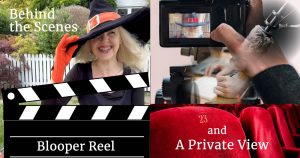 Holly Bell with clapperboard with text.