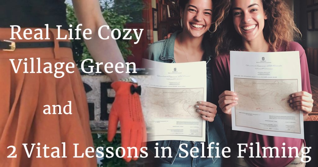 Orange gloved hand over old road sign: Text: Real Life Cozy Village Green above 2 girls smiling and holding diplomas. Text: 2 vital lessons in Selfie Filming