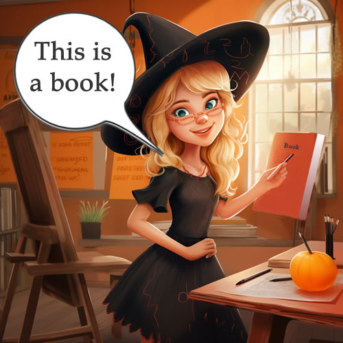 Blonde witch in classroom pointing to a book. Speech bubble: This is a book