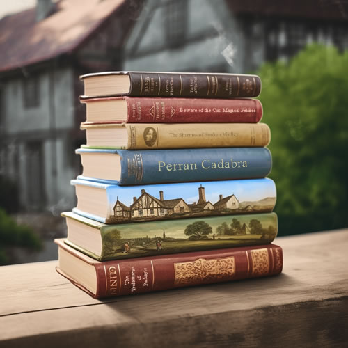 Stack of biographies on a wooden shelf with English village in the background
