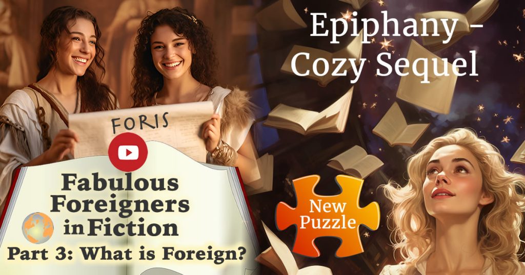 On the left, two smiling girls from ancient Rome holding up a scroll with the word 'Foris', a Youtube play button and the text: Fabulous Foreigners in Fiction part 3: What is Foreign? On the right a blonde woman looking up at flying books and stars. Text: Epiphany - Cozy Sequel. At the bottom is an orange jigsaw piece with the text: New Puzzle