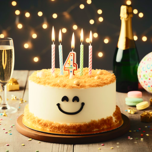 Celebration cake with four candles, and a smiley face on the site and a glass of champagne on the left and the bottle on the right