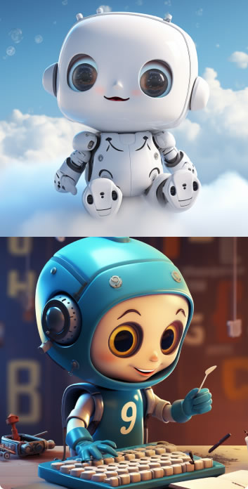 Cute baby bot happy but confused image and below a toddler bot at a keyboard and writing in a book the number 1