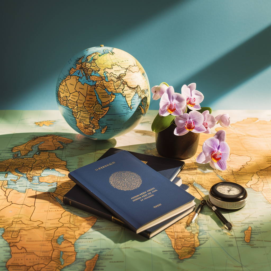 A passport, globe and a vase of orchids on a paper map
