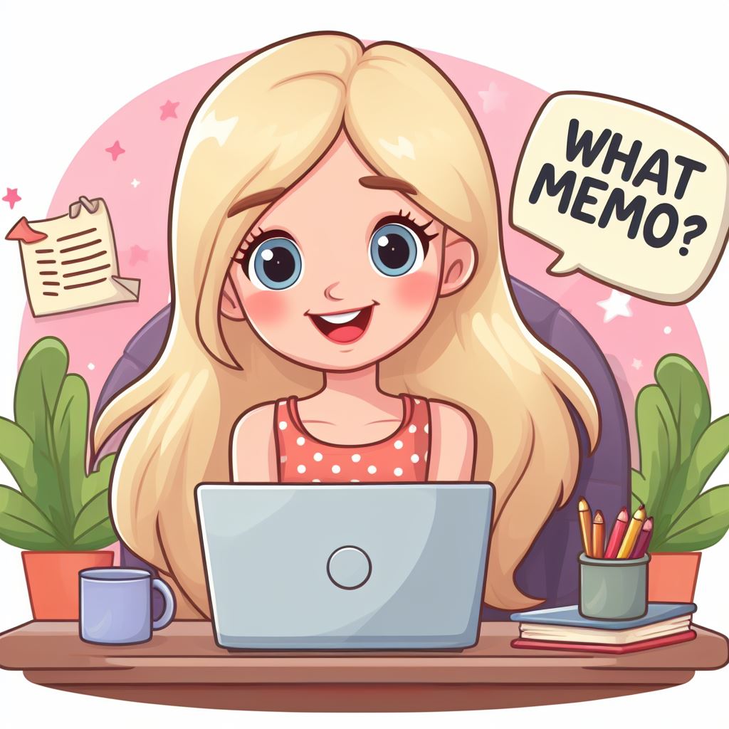 Cute blonde writer asking what memo? cartoon style