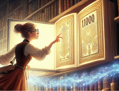 girl with glasses making magic and pointing to a golden book with the number 11000 on it