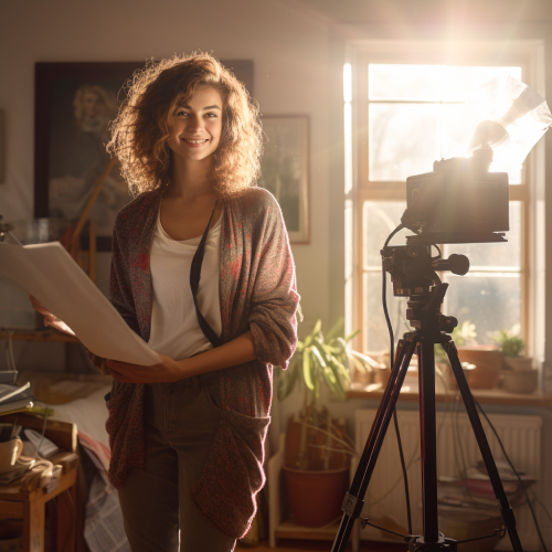 Woman smiling, holding a script in a sunny room with a camera on a tripod