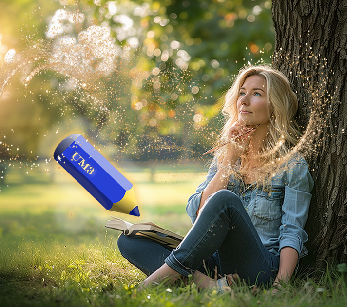 Woman leaning against a tree holding a pencil, open notebook on her lap and sparkles around her and hovering blue pencil with UM3 on it. Inspiration. Creativity being relit