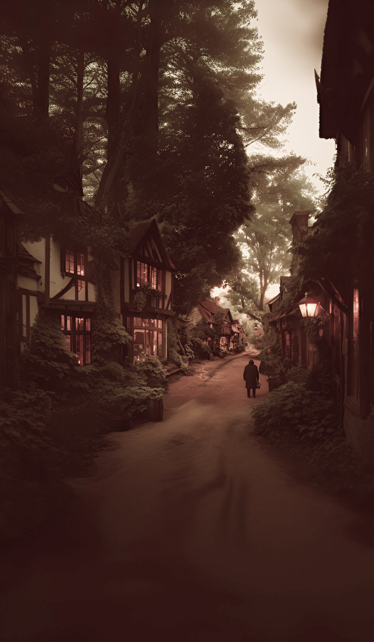 An old English village in a wood at twilight with a man in trenchcoat outisde the pub